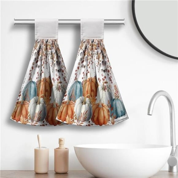 Fall Pumpkins Kitchen Hand Towels with Loop 2 Pcs‎ Autumn Leaves Pumpkin Hanging - Picture 2 of 8